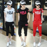 夏装新款修身两件套韩国女夏七分裤休闲套装女装初中生短款运动服