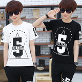 夏季学生短袖t恤一套装二件套青少年印花数字夏天运动休闲服装男