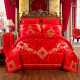 80支贡缎大红色婚庆四件套床盖式结婚床上用品纯棉1.8/2.0m全棉