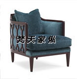 美式实木单人沙发 简约现代雕花复古中式休闲椅酒店会所布艺沙发