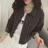 2016春季韩版长袖修身上衣复古竖条纹斜口袋设计牛仔外套女短款潮