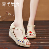 夏季新款老北京布鞋 民族风绣花鞋  坡跟高跟鱼嘴凉鞋 亚麻鞋