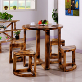 休闲茶桌复古实木小圆桌椅套件 室外仿古中式高档碳化户外茶桌子