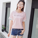 2016新款夏装女装韩版字母印花短袖t恤女中长款开叉体恤上衣纯色