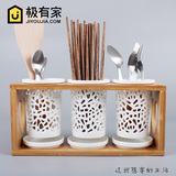包邮日式陶瓷筷子筒筷子笼筷子架竹木架沥水盘筷勺刀叉收纳盒三筒