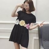 韩版立体花朵拼接露腰连衣裙女装2016新款宽松棉质短裙J360c