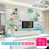 中式家和九鱼荷花3d客厅壁纸简约电视背景墙布5D大型无缝影视壁画