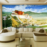 藏式特色风格壁纸布达拉宫蓝天白云草原壁画电视背景墙纸建筑宫殿