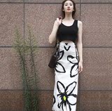 2016韩版新款修身沙滩夏印花中长背心高腰无袖连衣裙两件套装女裙