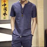 男士短袖T恤 夏季大码男装中式休闲棉麻亚麻v领上衣服中国风唐装