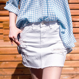 2016夏季新款韩版高腰破洞毛边白色牛仔短裙a字裙半身裙包臀裙女