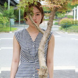 2016夏季新款修身V领蓝白格子无袖连衣裙韩版气质修身细带衬衫女