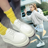 小白鞋女皮鞋系带圆头韩版韩国中跟厚底松糕底英伦学院风漆皮女鞋