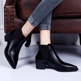 2016韩版新款尖头短靴黑色漆皮套筒平底中跟粗跟英伦马丁靴及踝靴