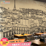 素描墙纸城市风景艺术手绘壁画咖啡厅酒吧餐厅饭店装修休闲吧壁纸