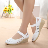 护士鞋夏季白色镂空坡跟真皮牛筋底女护士鞋凉鞋洞洞鞋美容鞋包邮