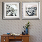手绘风格客厅装饰画 现代简约两联挂画壁画沙发背景墙画素描水景