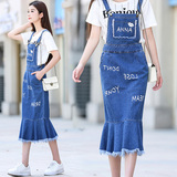 2016新款韩国女装 背带牛仔裙修身显瘦字母鱼尾牛仔背带连衣裙潮