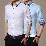 长袖衬衫男韩版修身型丝光棉男士青年夏季薄款商务免烫白衬衣色织