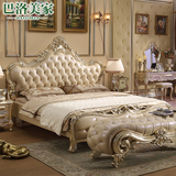 欧式实木床别墅奢华大床1.8米真皮床法式床进口头层牛皮金箔家具