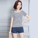 2016夏季新款韩版修身上衣女纯棉短袖海军风横条纹高弹T恤海魂衫