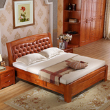 全实木床1.8米双人床真皮软包靠背 1.5m高箱储物床新中式婚床特价