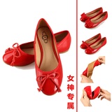 真皮小红鞋女 单鞋浅口蝴蝶结夏季平底红色圆头平跟漆皮女鞋套脚