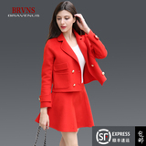 包邮brvns品牌高端定制纯手工双面羊绒套装裙两件套红色羊毛呢潮