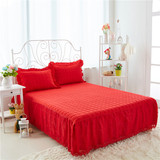夹棉加厚床裙结婚蕾丝床罩床盖床单1.5M1.8米2.0m大红加大床套