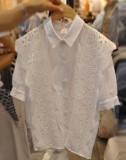 韩国东大门2016夏季新款甜美气质蕾丝拼接短袖衬衫女休闲衬衣上衣