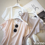 warmo2016夏季新款韩版圆领短袖露肩蝴蝶结雪纺衫纯色百搭上衣女
