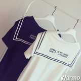warmo2016夏季新款韩版宽松短袖海军风大翻领中长款T恤纯色百搭女