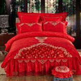 欧式婚庆大红提花活性印花100%全棉刺绣绗缝床上四件套实拍包邮！