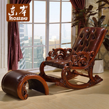 美式实木摇椅真皮/客厅高档躺椅卧室沙发摇椅/深色欧式摇椅午睡椅