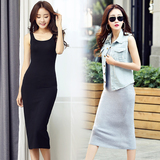 2016韩版黑色吊带背心连衣裙莫代尔夏无袖修身显瘦中长款包臀裙