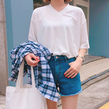 韩国ulzzang学院风百搭宽松纯色V领中袖t恤女夏季学生糖果色上衣