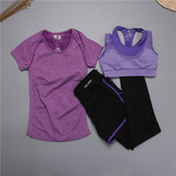 健身房跑步运动服装瑜伽服三件套装女短袖T恤假两件裤防震文胸