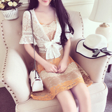韩版夏季新款甜美小清新撞色蕾丝花朵吊带连衣裙喇叭袖开衫两件套