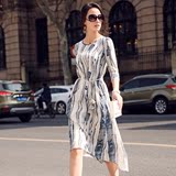 2016女装真丝连衣裙欧美街头中袖连衣裙系带抽象图案印花夏季长裙