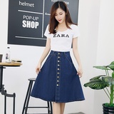2016夏季新款韩版中长牛仔裙排扣高腰修身显瘦A型半身裙特价新品