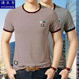 2016夏季男士短袖T恤 男装青年丝光棉半袖修身圆领条纹上衣薄款潮