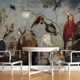 定制欧式壁画复古中世纪群鸟手绘抽象油画壁纸酒店餐厅背景墙纸