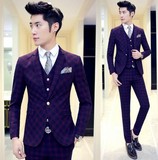 2016春装男士西服套装韩版格子新郎伴郎婚礼服一粒扣长袖西装外套