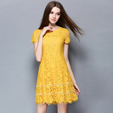 2016夏季新款欧美女装黄色蕾丝镂空短袖连衣裙女收呀显瘦a字裙子