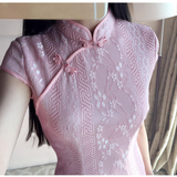 粉色旗袍短款 夏季新款蕾丝修身日常改良旗袍伴娘礼服少女连衣裙