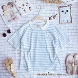 新款可爱t恤女夏短袖宽松日系学生少女甜美猫咪娃娃领条纹打底衫