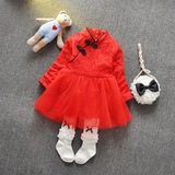 2岁女宝连衣裙红色旗袍长袖公主裙女童秋装裙装1-3岁女孩外贸童装