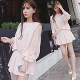 韩国代购2016夏季新款女装小清新性感短裙子夏装粉色雪纺连衣裙