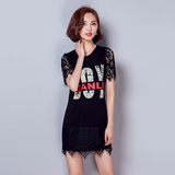 2016夏季新款韩国修身显瘦蕾丝打底衫短袖字母中长款t恤衫女装潮