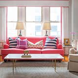 新款简约现代风格公主房单人布艺沙发样板房粉色布艺卧室三人沙发